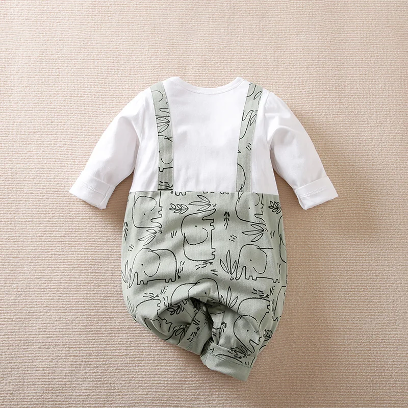 0-18m Long Sleeved Baby Jumpsuit Cute Cartoon Strap Elephant Print Cotton Comfortable And Soft Spring And Autumn Newborn Clothes