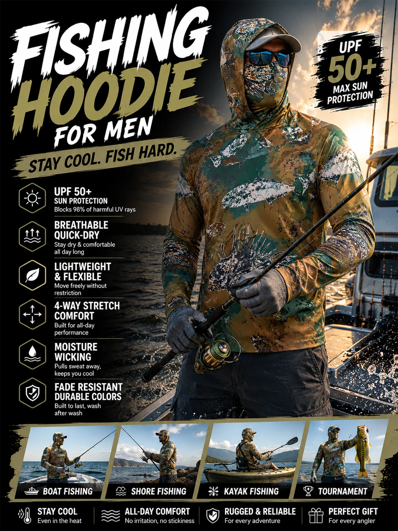 Fishing Hoodie Long Sleeve Jersey Sailing UPF 50+ UV Resistant Running Fishing Wear Green Breathable Team Customized Fish Shirt