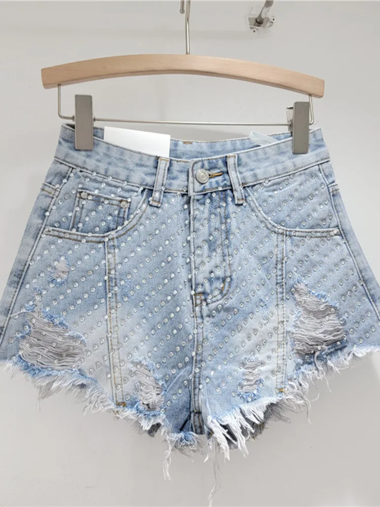 High Street Y2k Hot Diamond Denim Shorts Women's Clothes High Waist Cool Girl Holes Short Pants 2024 Spring Summer X858