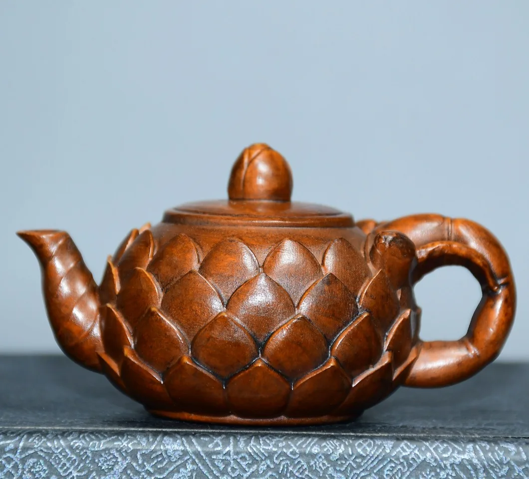 

3"Tibetan Temple Collection Old Boxwood Lotus shaped handle pot teapot Amass wealth Ornaments