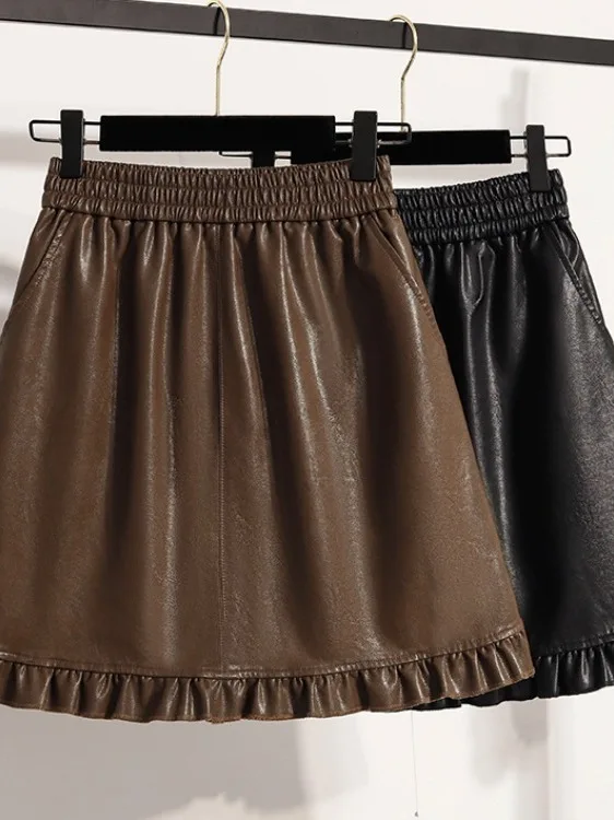 

Fashionable A-Line Skirt with Elastic Waist And Wooden Trim Large Size Women's Leather Skirt Spring New Arrival