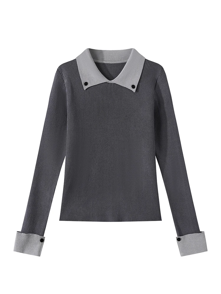 Maglieria da donna con colletto rovesciato in colore retrò a contrasto, stile coreano, moda, manica lunga, maglione slim fit, pullover chic femminile