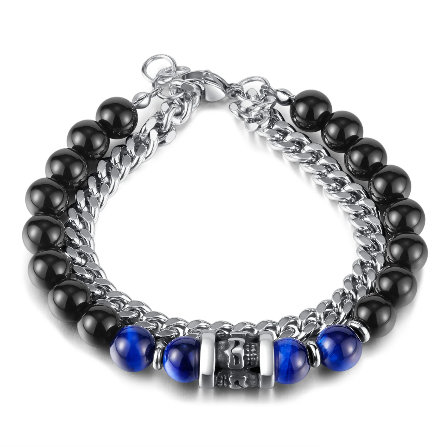 JHSL Men Statement Dark Blue Black Bead and Link Chain Bracelets Bangles Stainless Steel  Father Birthday Gift Fashion Jewelry