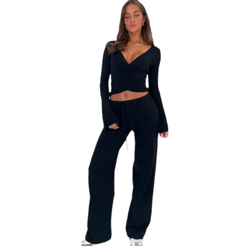 الخريف الصوف مبطن الصلبة المتسكعون مجموعة المرأة طويلة الأكمام التعادل مع عالية الخصر الرباط السراويل المستقيمة الزي غير رسمي