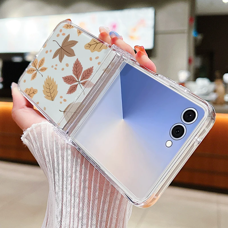 Z Flip 7 حافظة متمحور واضحة الصلب PC الزهور الفاخرة يترك نمط للطي قضية الهاتف لسامسونج غالاكسي Z Flip 7 FE 6 5 4 3