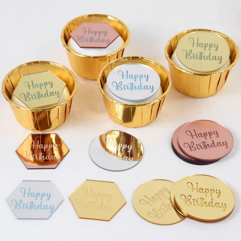 5/10pcs Happy Birthday Cake Toppers Gold Gold Acrylic Round Cupcake Toppers For Kids Birthday Baby Shower Party Cake Decor Tools