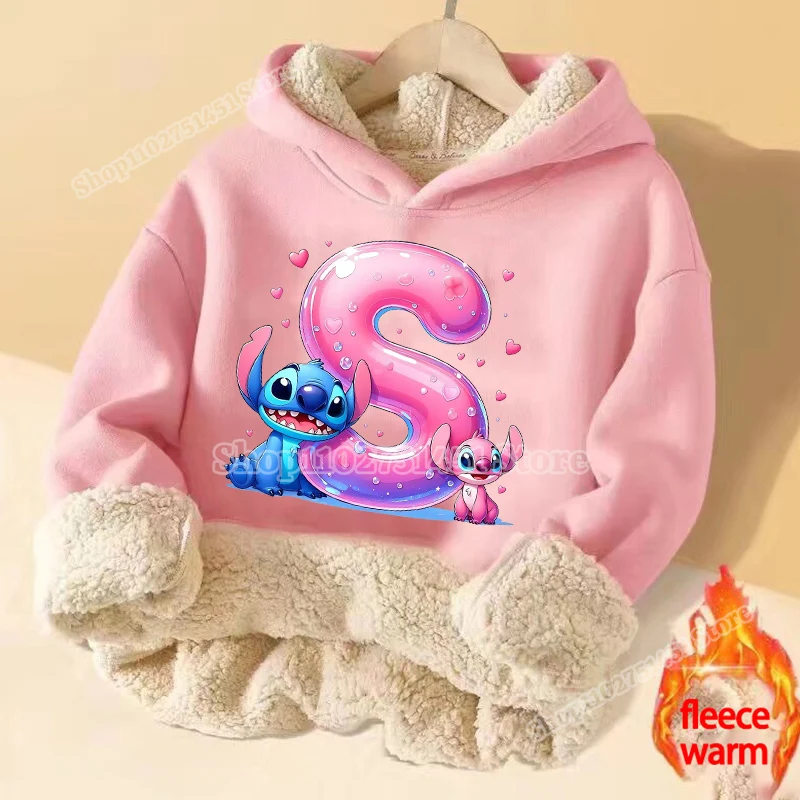 Cartoon Disney Stitch Lamb Wool Hoodies Kids Name Combination Letter Print Winter Warm Sweatshirt Girls Fleece Tops Cute Clothes