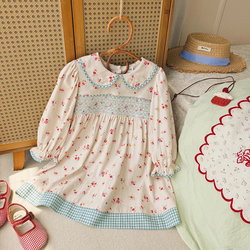 Girls' Spring and Autumn New Korean Style Printed Contrast Color Long Sleeve Doll Collar Gathered Pure Cotton Princess Dress