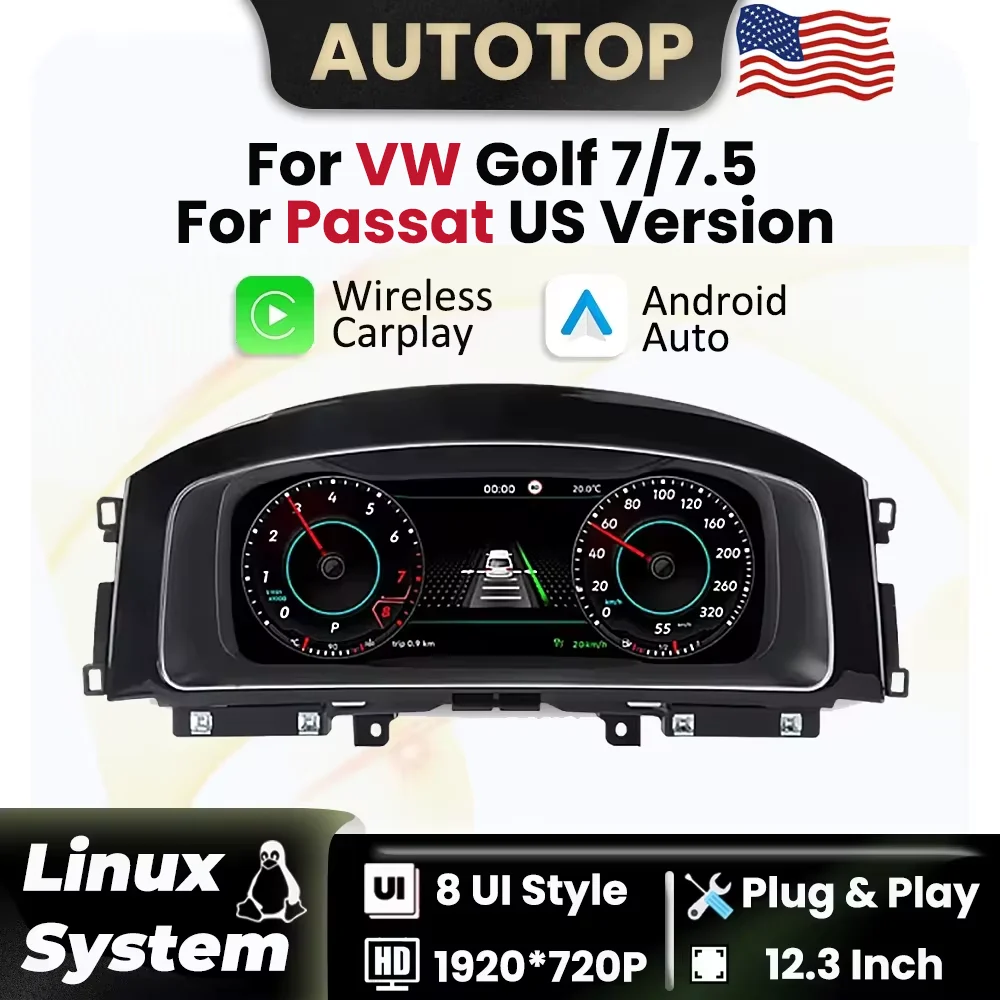 12.3/10.25 lnch Linux LCD Digital Dashboard Cluster For VW Golf 7 MK7 2013-2020 For Passat US Version 2011-2022 Wireless Carplay Android Auto Instrument Panel Virtual Cockpit