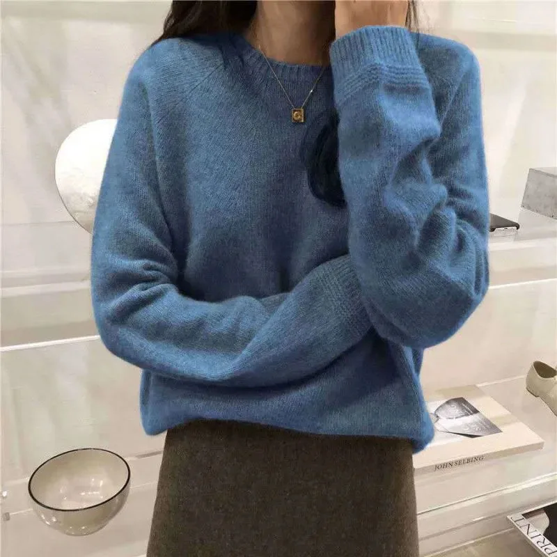 Sweater rajut wanita, musim gugur, musim dingin, tebal, Sweater kasmir hangat, wanita Harajuku longgar, dasar O, leher pullover padat sederhana Semua cocok