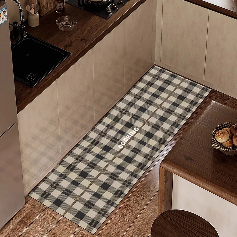 

American Retro Kitchen Mat for Floor Non-slip Oil-proof Waterproof PVC Leather Washable Rugs Checkerboard Plaid Kitchen Carpets