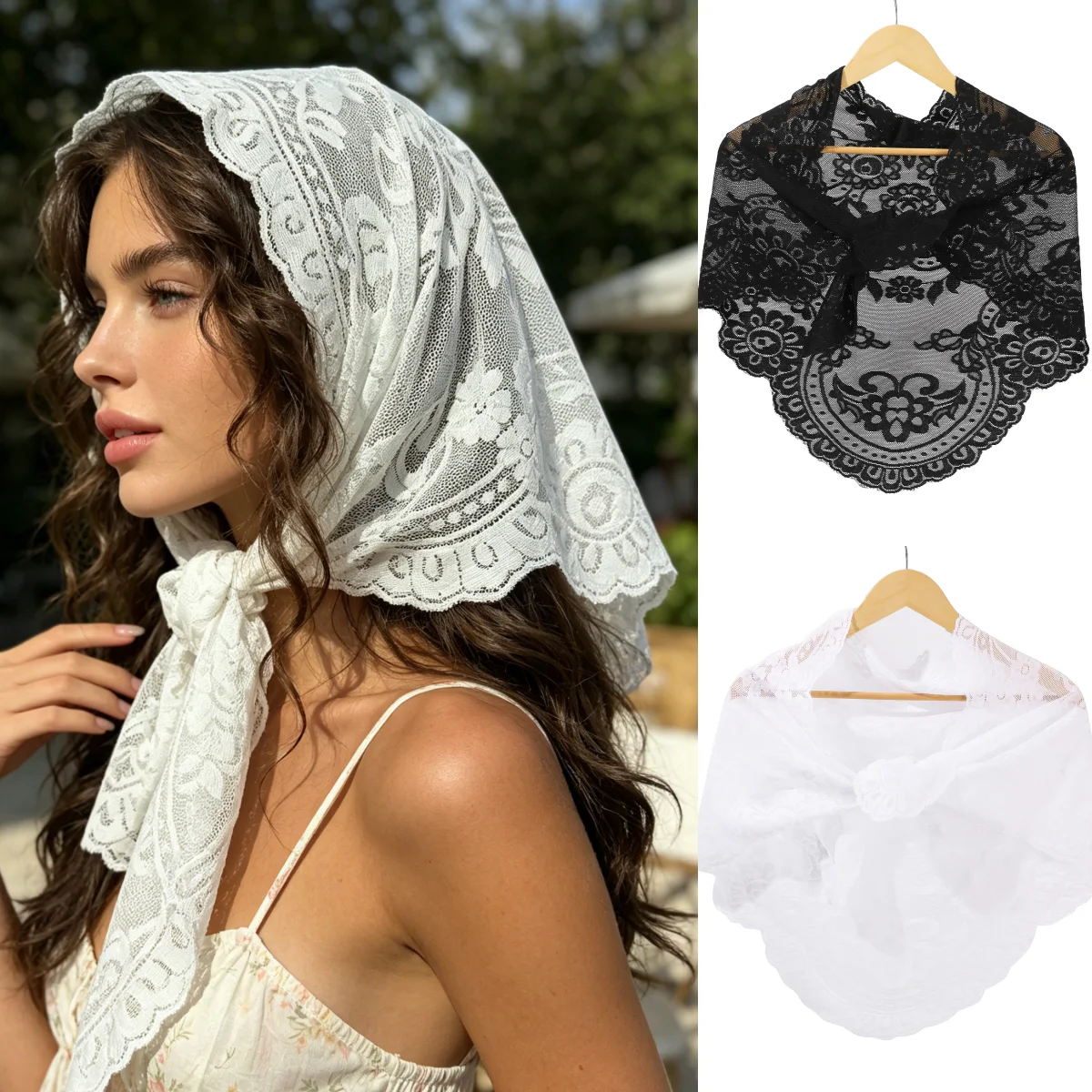 1 unidad de pañuelo de encaje vintage para el cabello, pañuelos triangulares para el cuello, pañuelo de encaje bordado con flores estilo bohemio, bandas para el cabello para mujer, pañuelo dulce