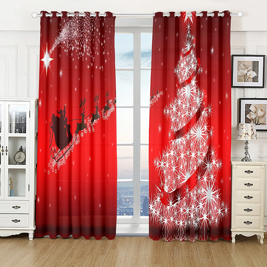 

Cartoon Red Christmas Tree Happy New Year Kid's Window Curtains Blinds for Living Room Bedroom Kitchen Door Home Decor 2Pieces