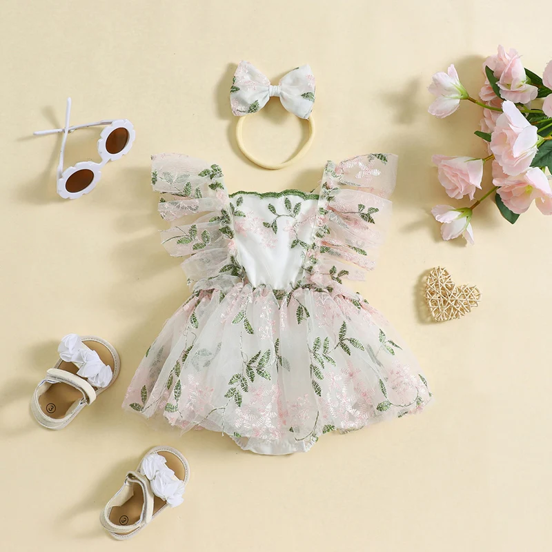 Newborn Baby  Adorable Embroidered Flower Rompers Dress Girl Ruffle Fly Sleeve Square Neck Mesh Dress with Bow Hair