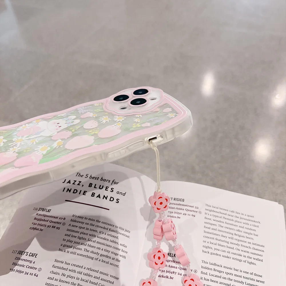 Cute Flower Cartoon Wavy Case For iPhone 14 13 12 11 Pro Max XR XS X 7 8 Plus SE 2022 Soft Silicone Bumper Cover With Hand Rope