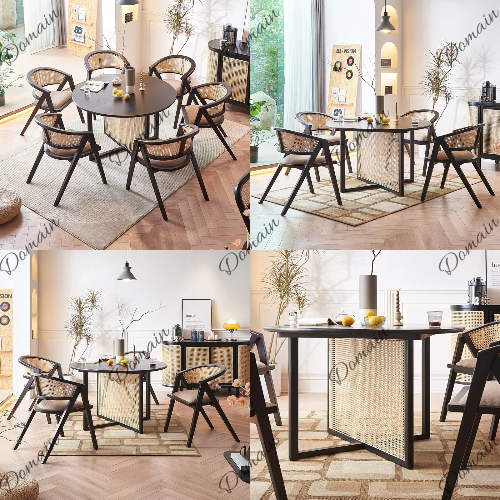 Wabi-Sabi Rattan Solid Wood Round Dining Table Set for 2 Modern Minimalist Small Apartment Restaurant Bistro Furniture