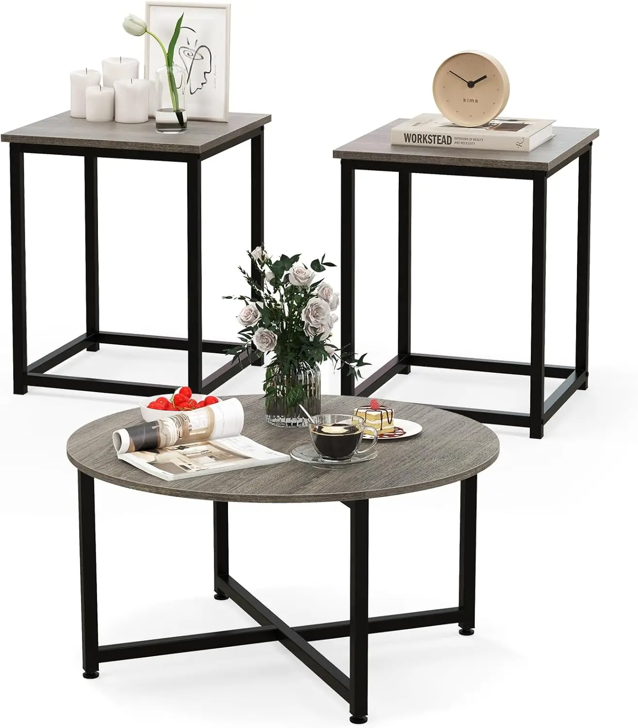 

Coffee Table Set of 3, Wood Grain Round Coffee Table and 2 Square End Side Tables with Metal Frame