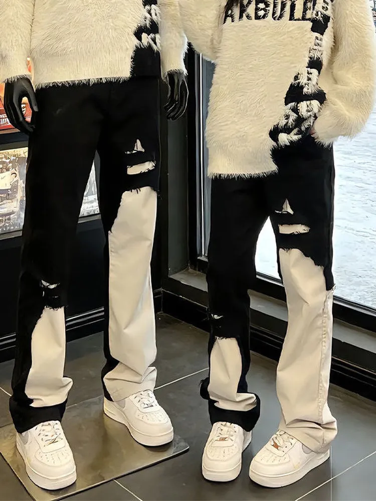 

Vintage Bla White Splice Hole Denim Jeans Men's American Cool Design Straight Leg Micro Flare Pants for Teenagers