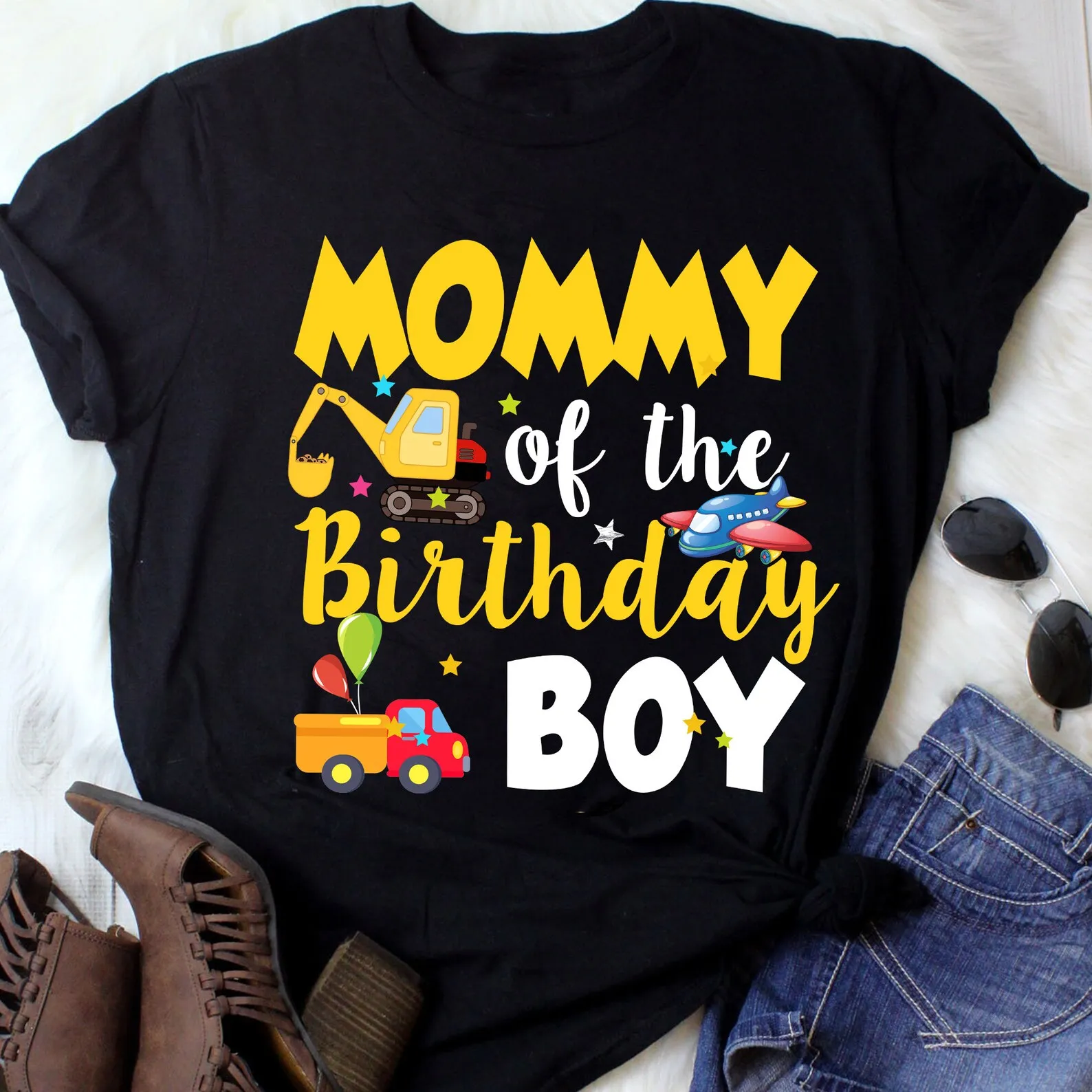 

Желтая футболка с принтом «Мама дня рождения мальчика», самолет, экскаватор, трактор, воздушный шар, женская футболка с подарками на день матери, летние топы