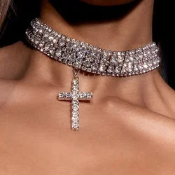 Crystal Multi-layer Cross Necklace Chunky Y2k Girls Womens Rhinestone One Piece Wedding Jewelry Neck Necklaces Accessories Gifts