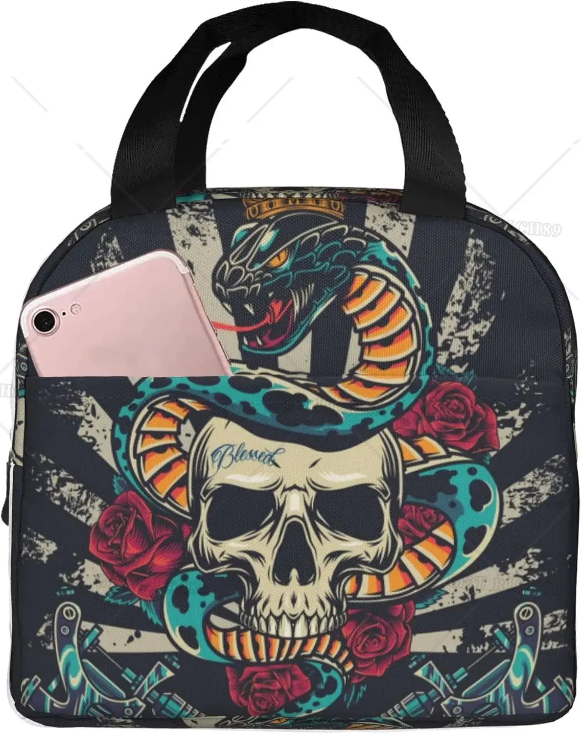 حقيبة غداء ملونة على شكل جمجمة ثعبان عتيقة للنساء/الرجال حقيبة ساندويتش للنزهة/العمل، صندوق غداء قابل لإعادة الاستخدام بسعة كبيرة