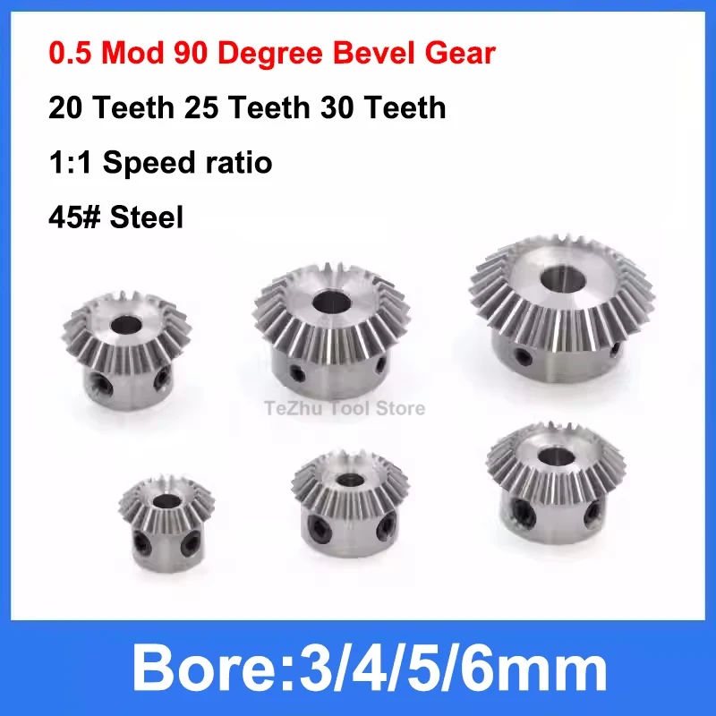 1pc 1:1 Bevel Gear 0.5 Mod 20/25/30 Teeth Bore 3/4/5/6mm Gear 90 Degrees Meshing Angle Steel Gears 45# Steel