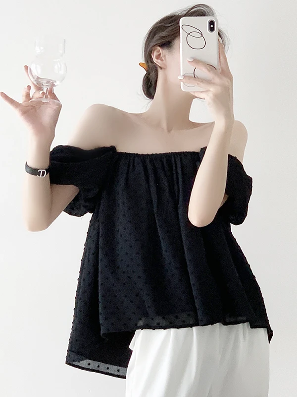 

Sana Summer 2023 Polka Dot Embellied ort Sve Bateau Ne Blouse Floral Lace Trim oulder Baring Top Commute Sle Loo...