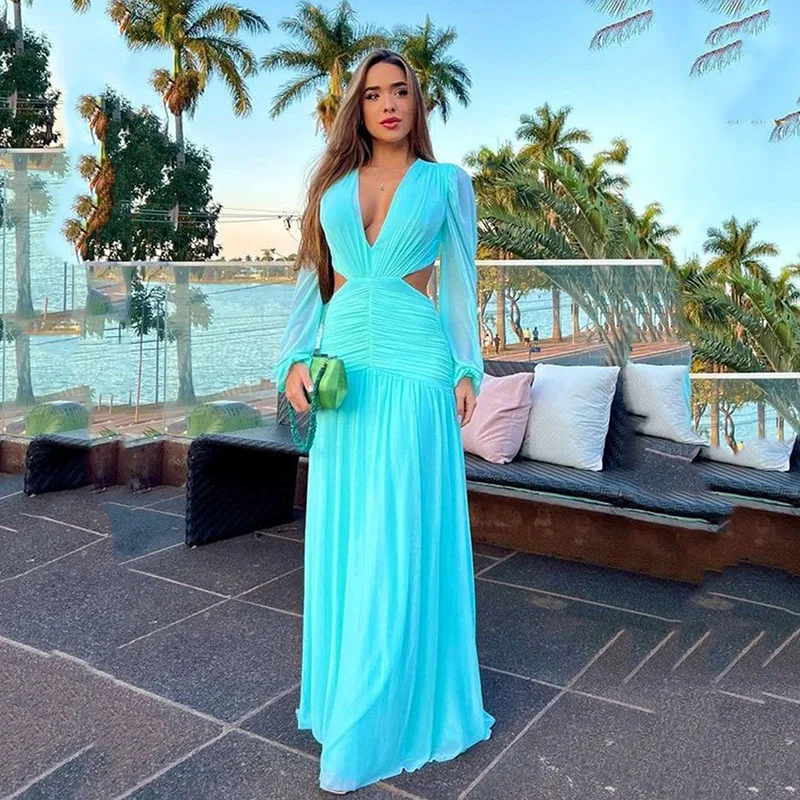 SoDigne Sky Blue Long Sleeves Dresses For Women Party Wedding Evening Gowns V Neck Pleat Beach Formal Occasion Dress Gala 2023