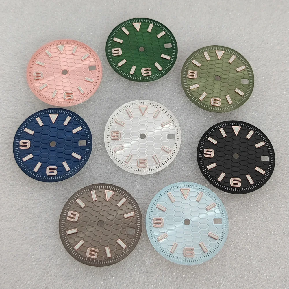 New NH35 28.5mm Digital Sunray Dial Single Calendar Silver/Gold/rose Nail Dials Green Luminous for NH35 NH36 Movement No Logo