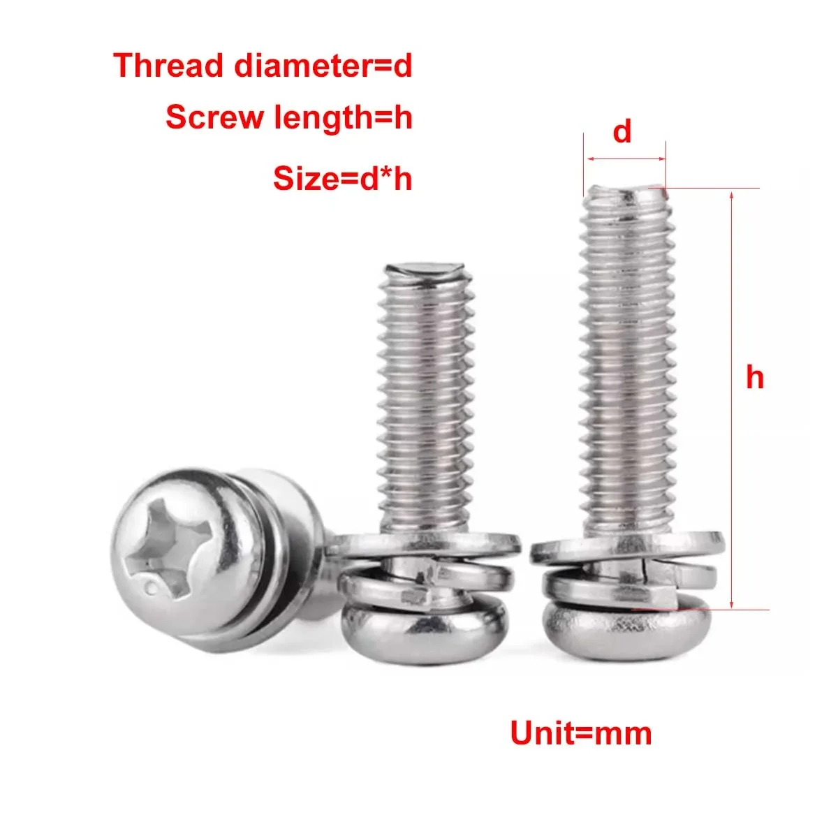 

304 Stainless Steel Round Head Triple Combination Screw, Cross Pan Head With Gasket Combination Bolt