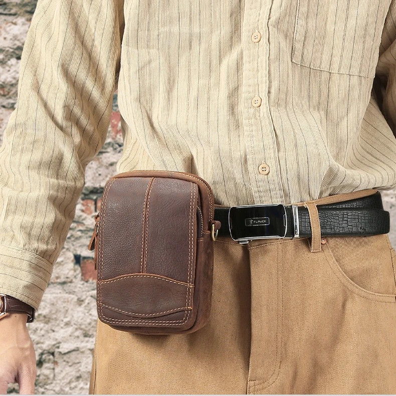 

Retro genuine leather waist pouch for mobile phone, multi-functional crossbody bag for the shoulder, classic men's bag