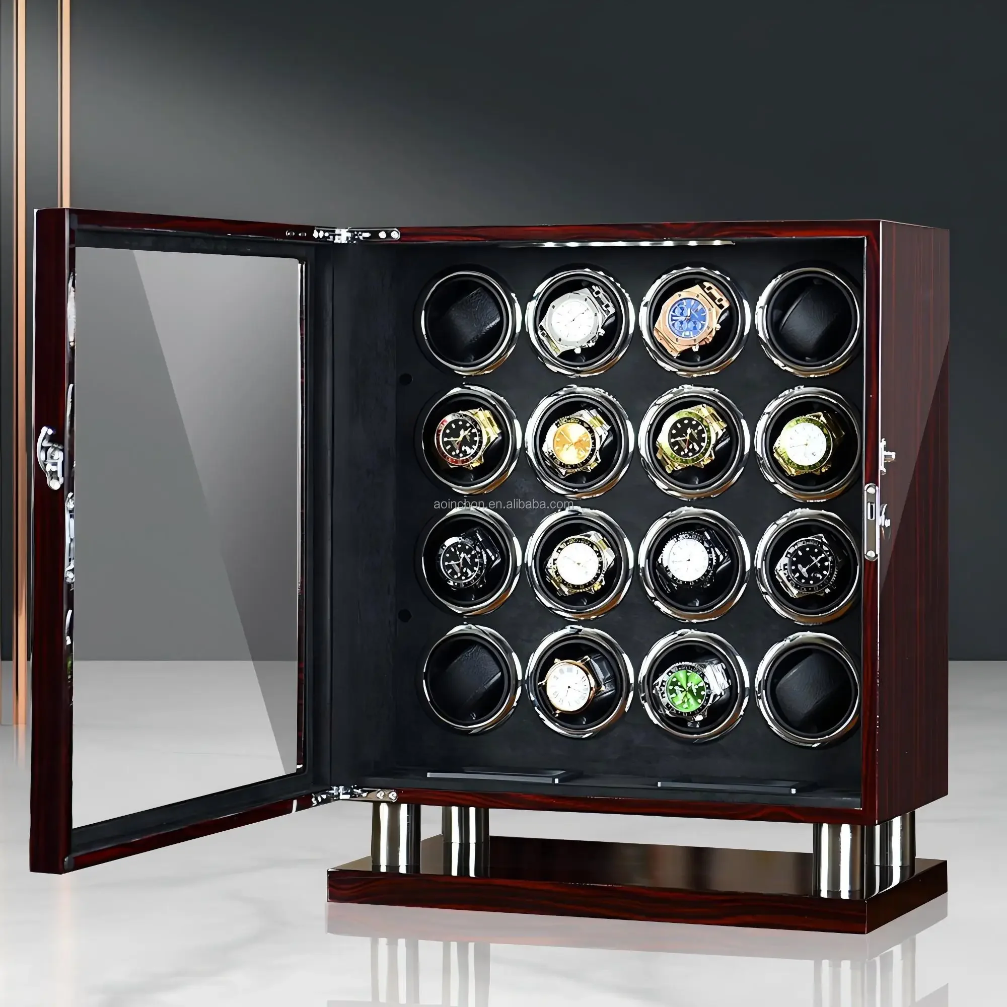 Ebony Watch Winder Box Wooden for 16 Automatic Watches with Base Support 600-2100 TPD Mode LCD Touch Screen Boxy Watch Winder