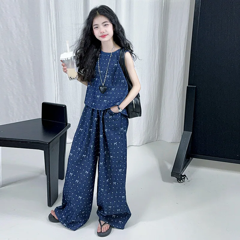 

Girls Summer Outfit Child Fashion Korean Style Preteen Trendy Butterfly Knot Print Sleeveless Top+Pants set for Kids 4-14Years