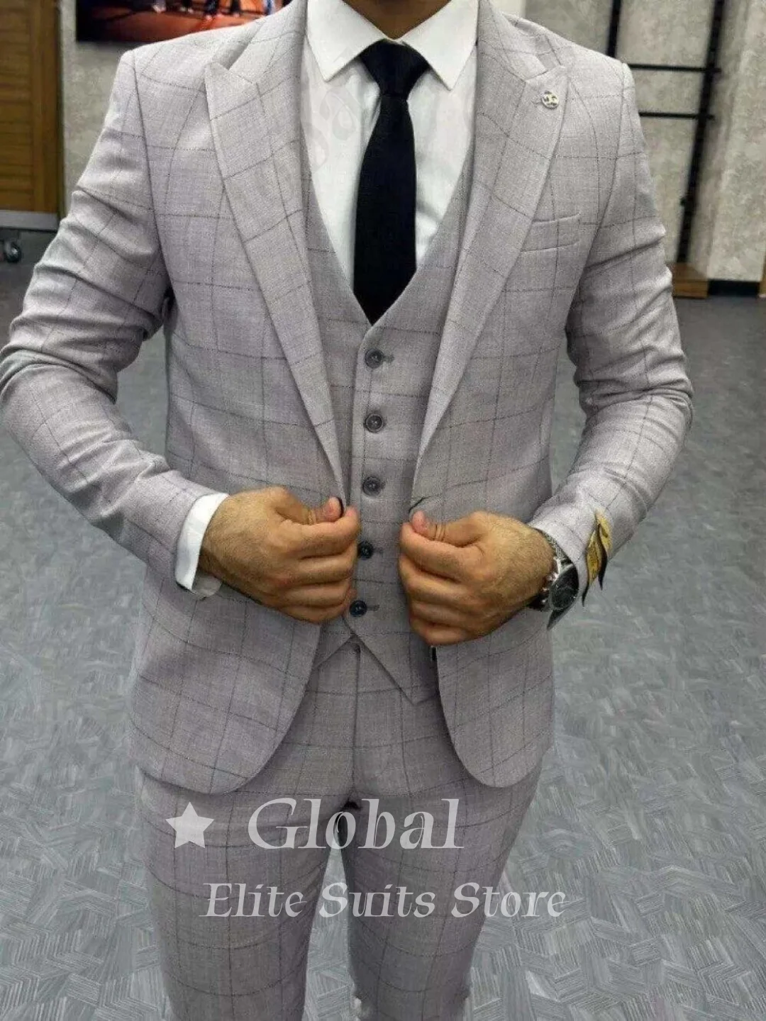 Light Grey Windowpane Plaid Men 3 Piece Suit Notch Lapel Single Breasted Formal Business Office Wedding Casual Customized