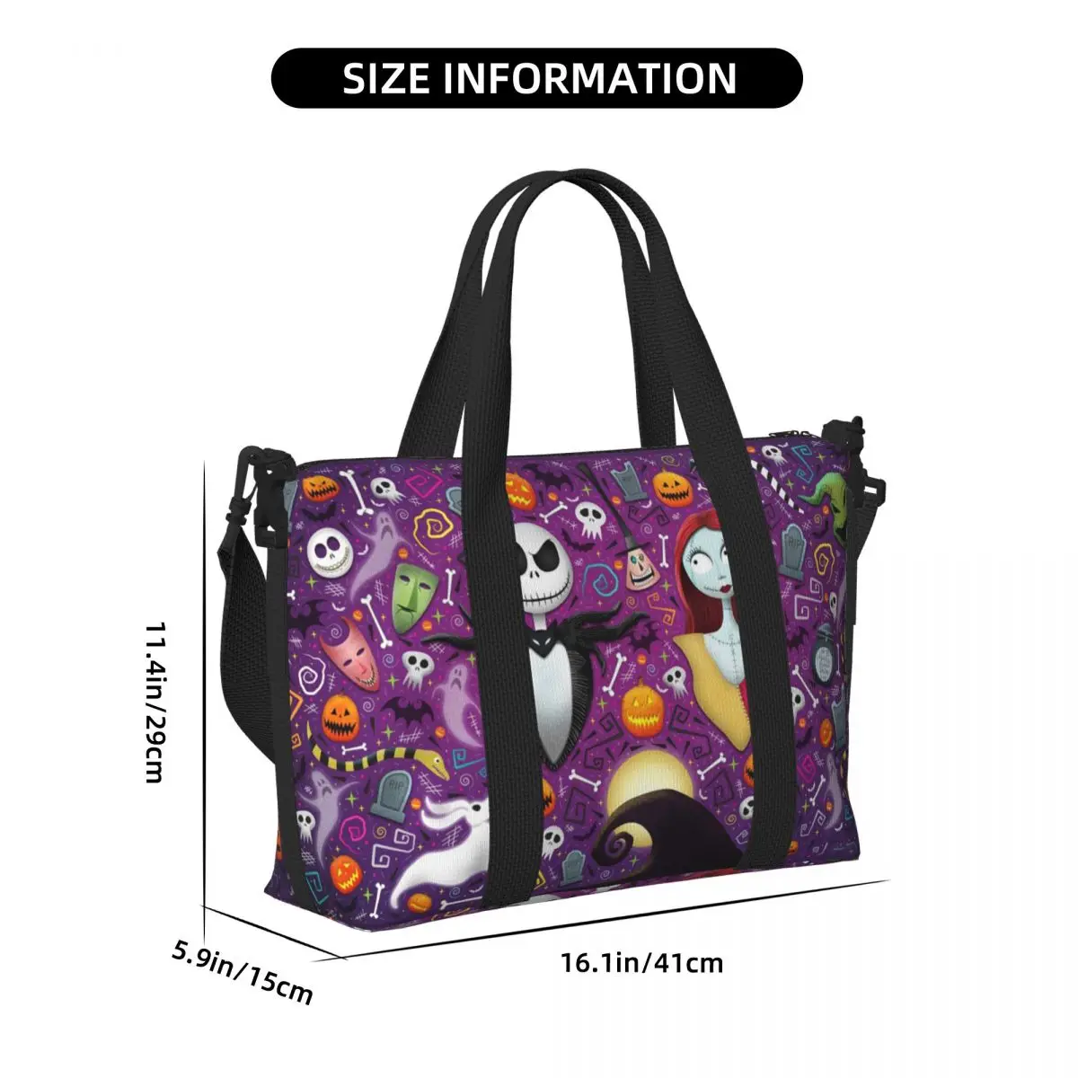 Custom The Nightmare Before Christmas Beach Tote Bag for Women Halloween Tim Burton Big Compartment Beach Gym Travel Bags