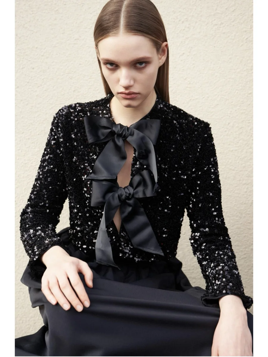 LIBIELIY Women's Short Coat For Fall New Y2K Fashion Christmas Holiday With Bow Sequined Cardigan Party Stage Short Coat