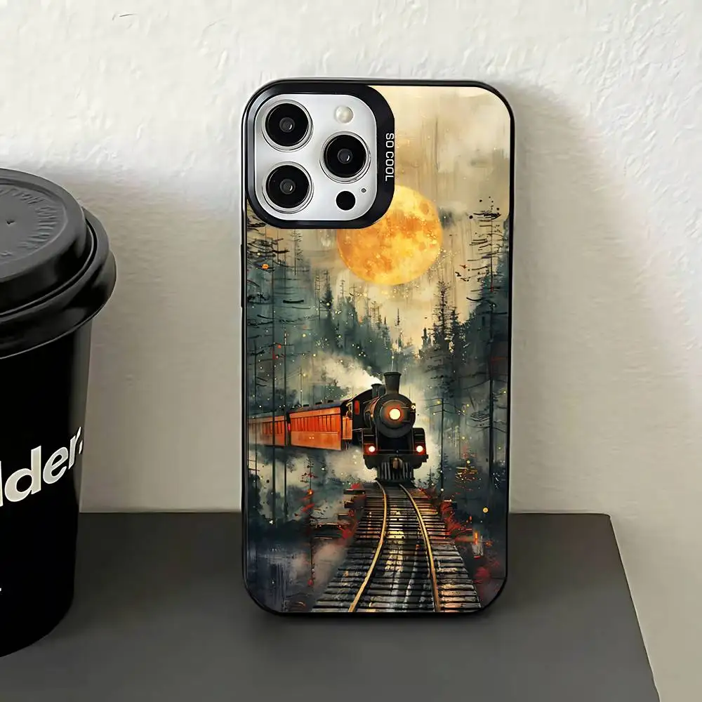 حافظة هاتف كلاسيكية على شكل قطار بخاري لهاتف آيفون 17,16,15,14,13,12,11,Pro,Max,Plus,E,Air,Mini غطاء من البولي يوريثان الأسود