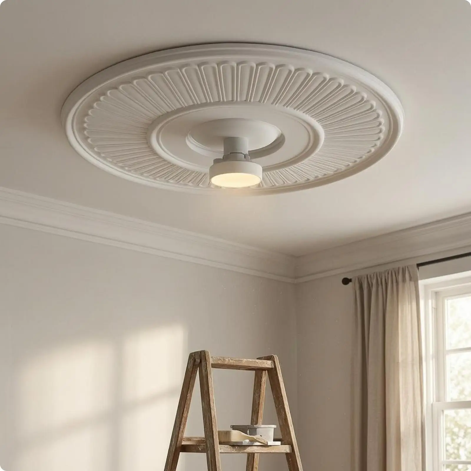 White Polyurethane Ceiling Decorative Panel Round Fluted Medallion for Overhead Light Base Cover 33cm