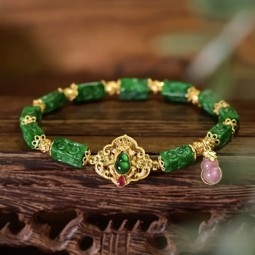 Natural Grade-A Mellow Green Jadeite Bracelet, 925 Silver Tourmaline Gourd Beads, Carved Chinese Style Healing Jewelry