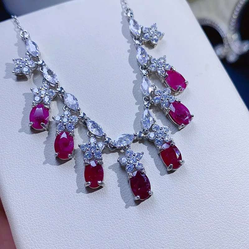 5*7mm Natural Ruby Necklace, 925 Sterling Silver Pendant Choker, Genuine Gemstone Jewelry for Women, Elegant Gift