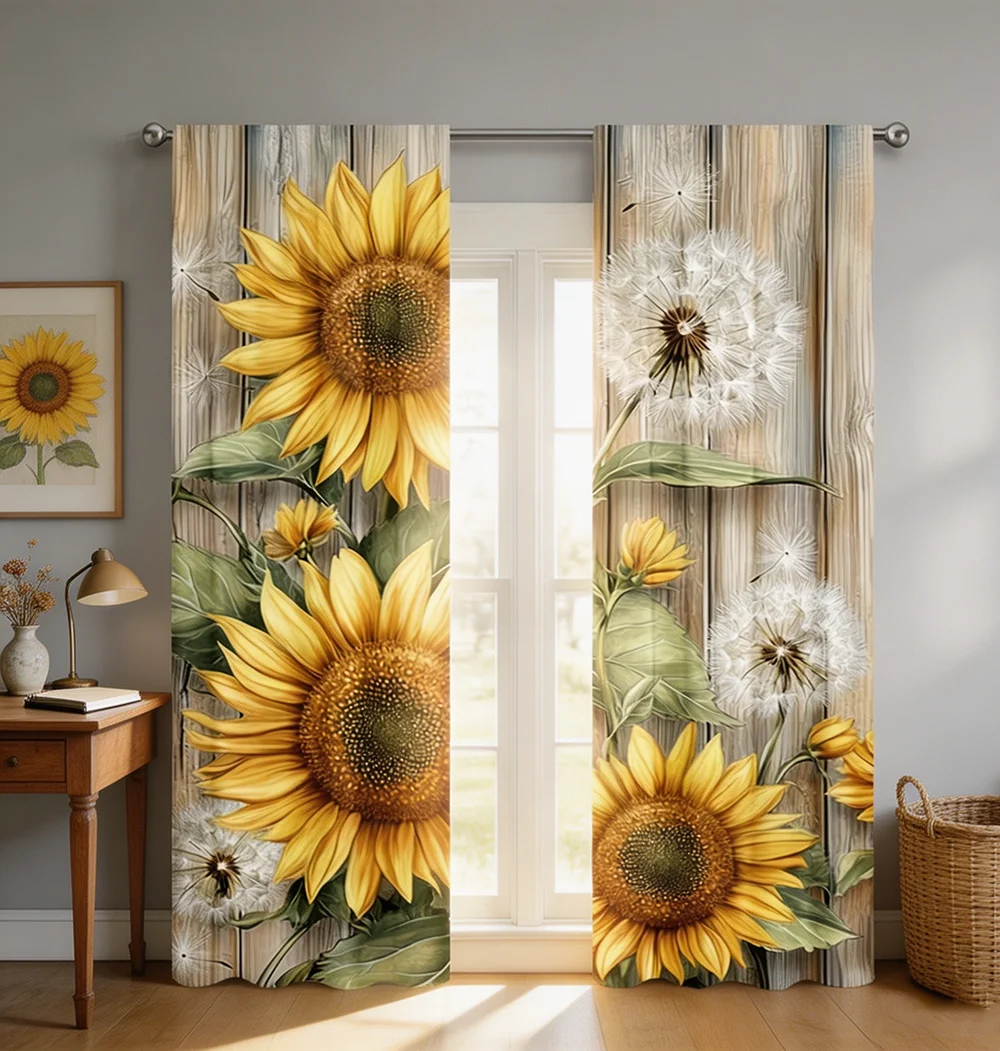 2PCS Digital Printed Curtains, Sunflower and Dandelion Pattern, Stylish Window Treatment for Living Room Bedroom Decor