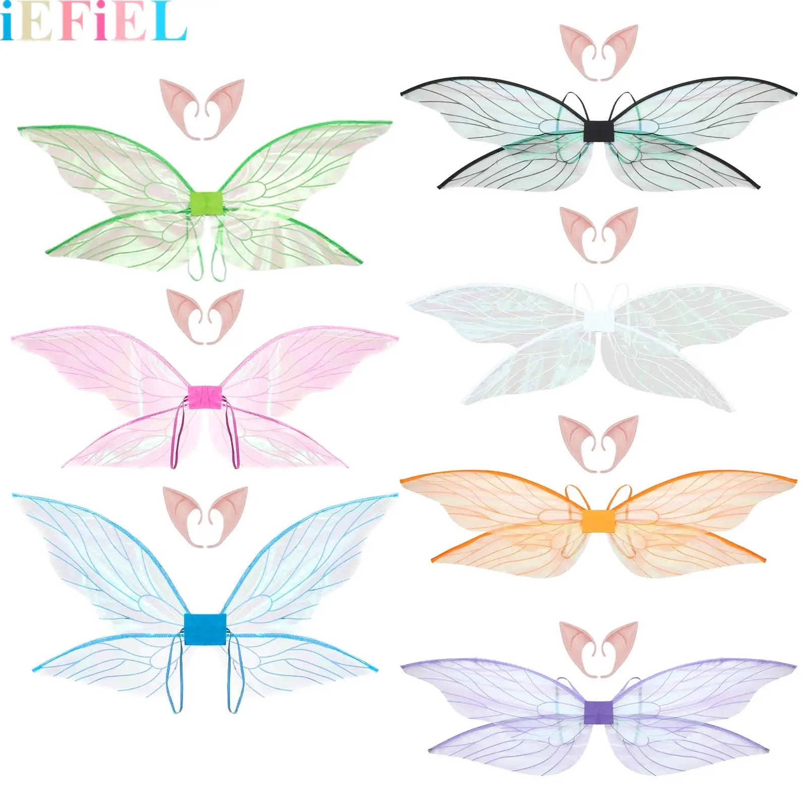 

Women Girls Cicada Wings Princess Butterfly Fairy Elf Angel Wing with Fairy Elf Ears for Masquerade Halloween Party Cosplay Prop