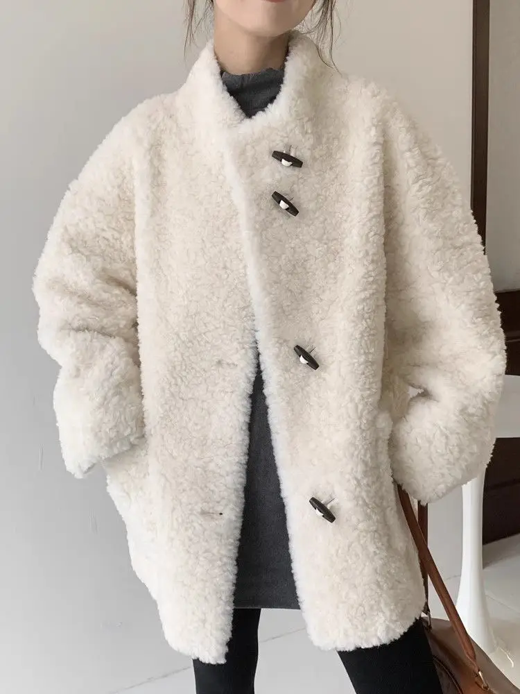 Korean 100% Mid To Long Standing Collar Cow Horn Button Sheep Shearing Wool Women's Winter Fur One-Piece Coat