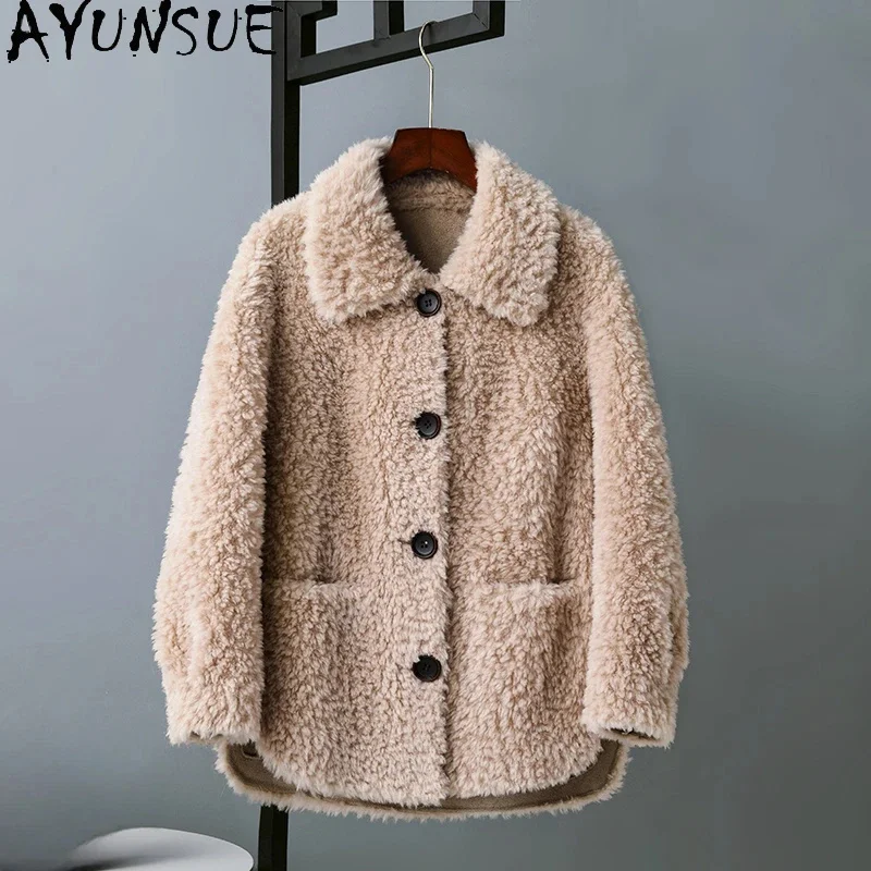 

New AYUNSUE 2024 Autumn Winter 100% Sheep Shearing Jacket Women Casual Wool Coats Single-breasted Fur Coat Jackers