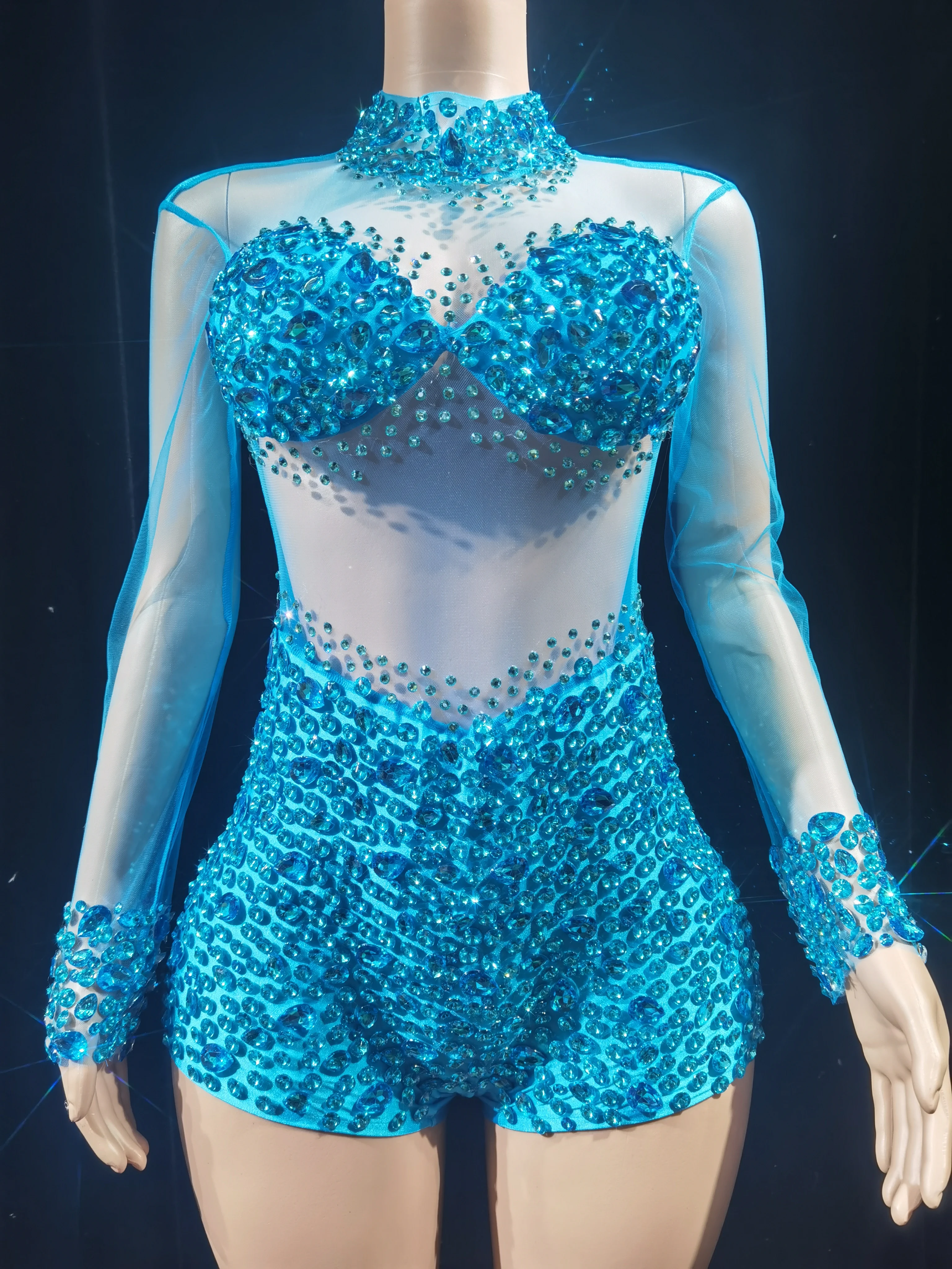 

Sparkly Crystals Leotard Sexy See ThroughCrystal Bodvsuit Dance Costume WomenNightclub Party Birthday Outfit Show StageWear