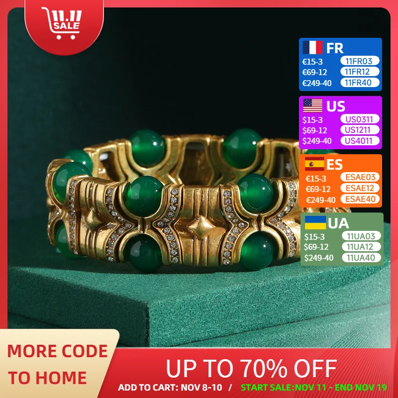 

Vintage Layered Green Agate Beaded Bracelet For Women Elasticity Antique Gold Color Luxury Jewelry Designers Summer Accessories