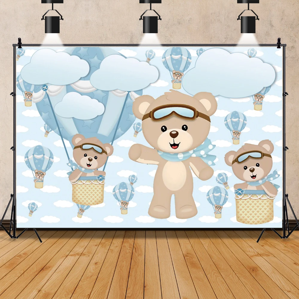 Toile de fond de douche de bébé ours en peluche pour la photographie, couronne d\'or, décor de fête de 1er anniversaire, arrière-plan personnalisé,