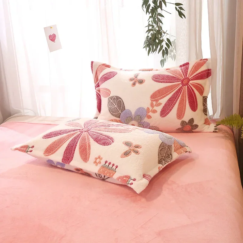 Flower Winter Crystal Velvet Flannel Fleece Pillowcase 19x29In Pillow Cover Soft Warm Cute Grey Blue Pink Home Bedding Cushion