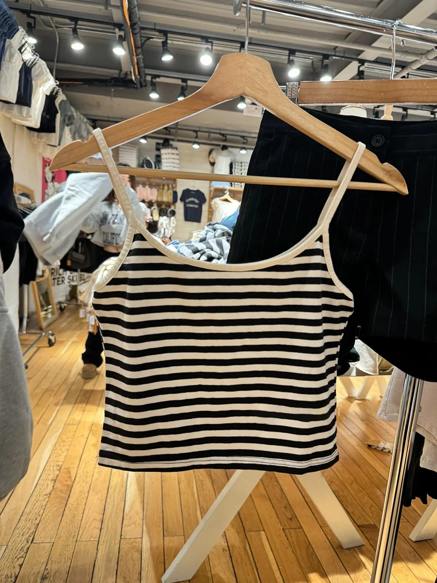 

Black Striped Slim Cropped Tank Tops Women Summer Sleeveless Cotton Camisole American Vintage Fashion Sweet Y2k Crop Top New