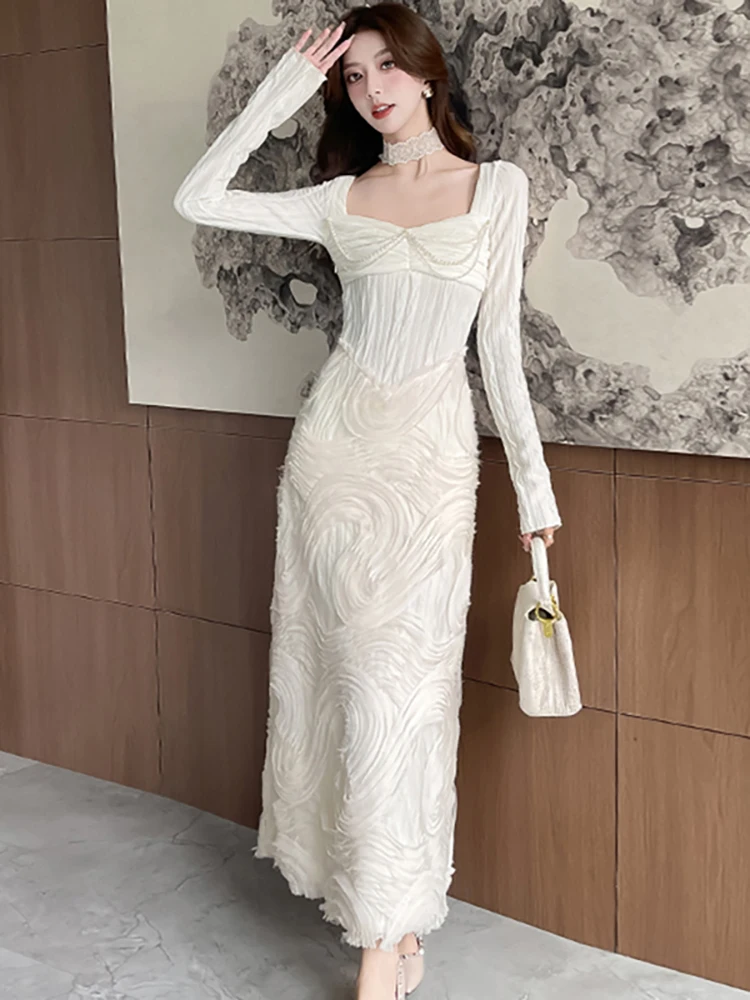 

Женское корейское модное шикарное праздничное платье на осень-зиму, белое шикарное платье с квадратным воротником и бисером, 2025 элегантные роскошные платья